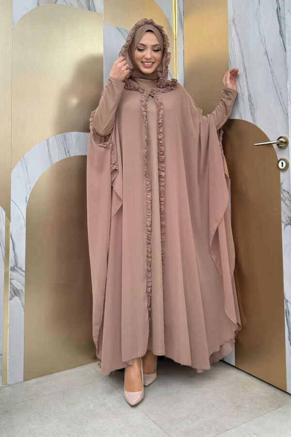 Hooded Certain Parts Frill Detailed Abaya Dress Evening Suit 3778 Mink - 1