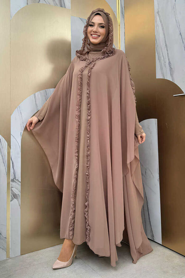 Hooded Certain Parts Frill Detailed Abaya Dress Evening Suit 3778 Mink - 2