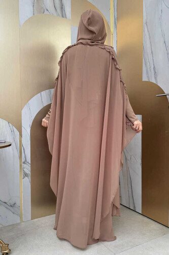 Hooded Certain Parts Frill Detailed Abaya Dress Evening Suit 3778 Mink - 3