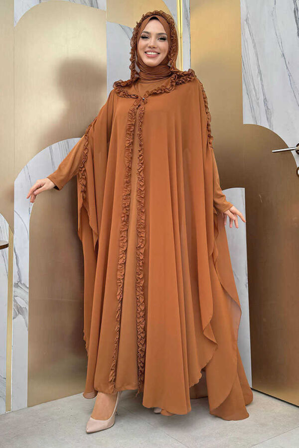 Mit Kapuze, bestimmte Teile, Rüschen, detailliertes Abaya-Kleid, Abendkleid, Anzug 3778 Taba - 1