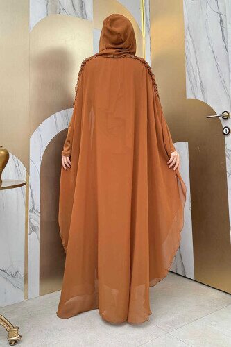 Hooded Certain Parts Frill Detailed Abaya Dress Evening Suit 3778 Taba - 2