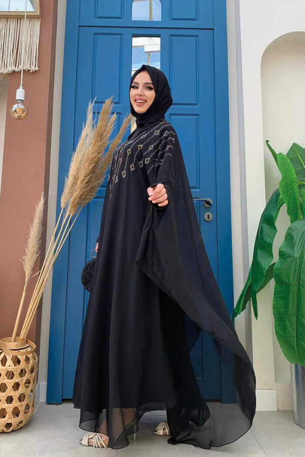 Hooded Stone Embroidered Chiffon Cape Evening Dress Suit 3779 Black - 2