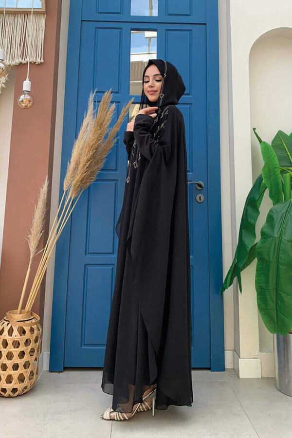 Hooded Stone Embroidered Chiffon Cape Evening Dress Suit 3779 Black - 3