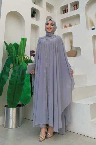 Hooded Stone Embroidered Chiffon Cape Evening Dress Suit 3779 Gray 