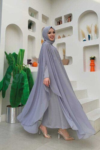 Hooded Stone Embroidered Chiffon Cape Evening Dress Suit 3779 Gray - 2