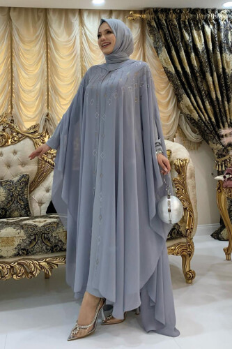 Hooded Stone Embroidered Chiffon Cape Evening Dress Suit 3779 Gray - 2