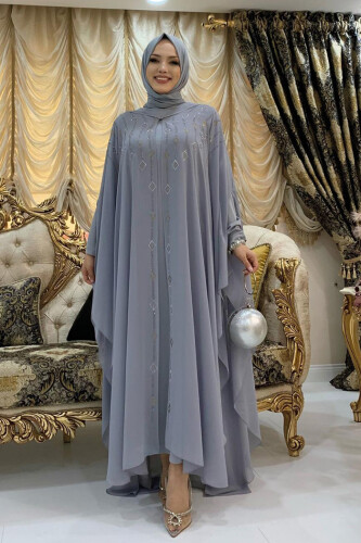 Hooded Stone Embroidered Chiffon Cape Evening Dress Suit 3779 Gray - 3