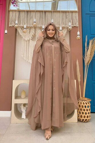 Hooded Stone Embroidered Chiffon Cape Evening Dress Suit 3779 Mink 