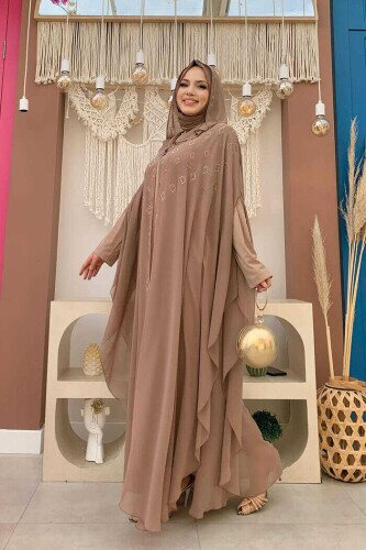 Hooded Stone Embroidered Chiffon Cape Evening Dress Suit 3779 Mink - 2