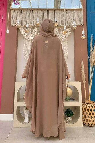 Hooded Stone Embroidered Chiffon Cape Evening Dress Suit 3779 Mink - 3