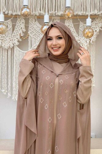 Hooded Stone Embroidered Chiffon Cape Evening Dress Suit 3779 Mink - 4