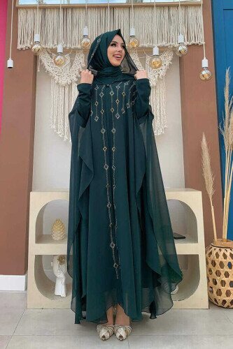 Hooded Stone Embroidered Chiffon Cape Evening Dress Suit 3779 Emerald - 1