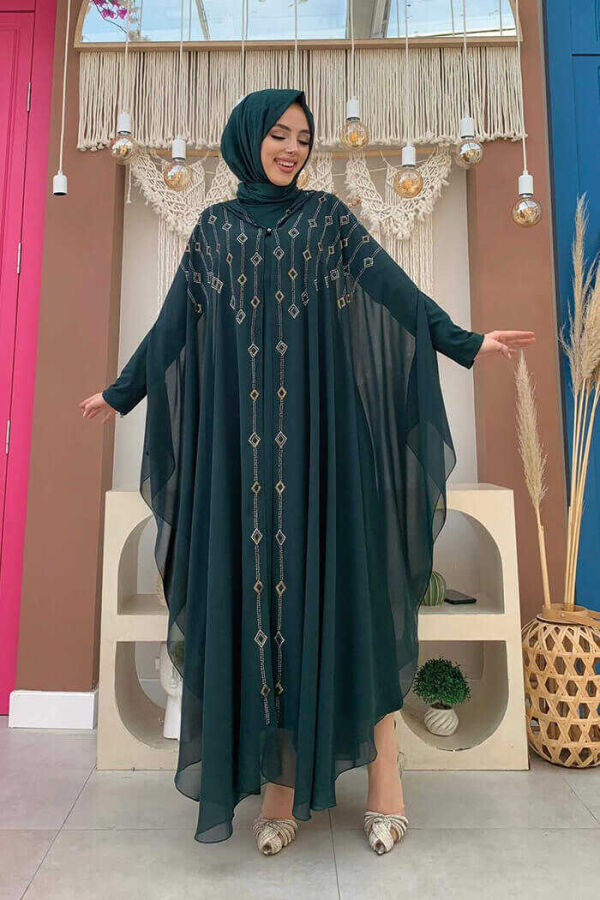 Hooded Stone Embroidered Chiffon Cape Evening Dress Suit 3779 Emerald - 2