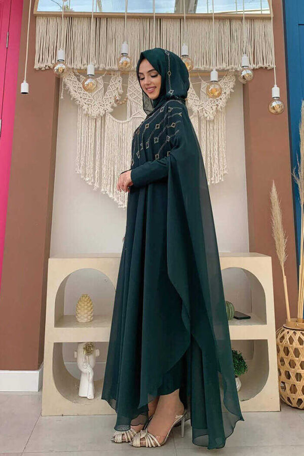 Hooded Stone Embroidered Chiffon Cape Evening Dress Suit 3779 Emerald - 3