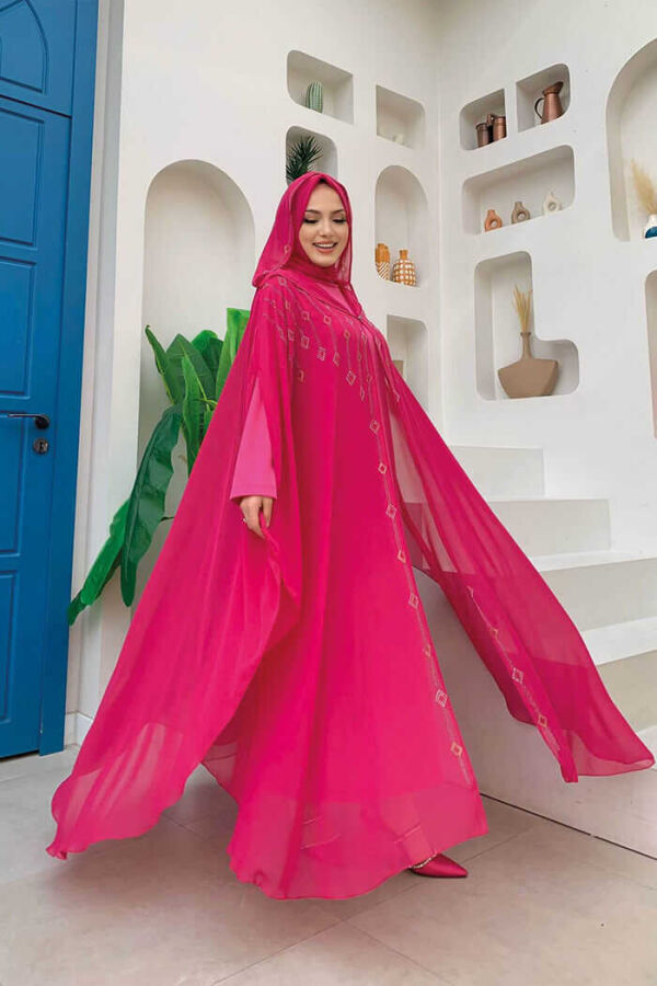 Abendkleid-Anzug aus Chiffon mit Cape und Steinstickerei und Kapuze, 3779 Fuchsia - 4