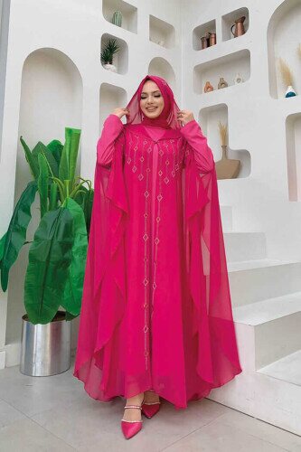 Hooded Stone Embroidered Chiffon Cape Evening Dress Suit 3779 Fuchsia 