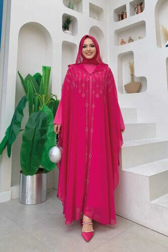 Hooded Stone Embroidered Chiffon Cape Evening Dress Suit 3779 Fuchsia - 2