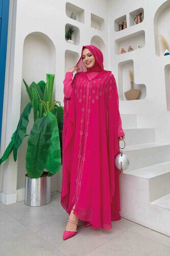 Hooded Stone Embroidered Chiffon Cape Evening Dress Suit 3779 Fuchsia - 3