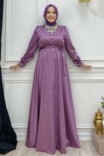 Waist Sash Detail Plain Satin Evening Dress 3791 Purple 