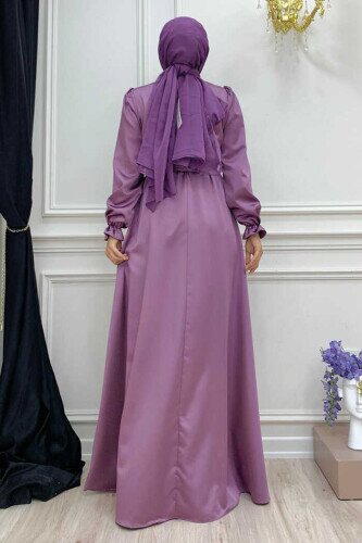 Waist Sash Detail Plain Satin Evening Dress 3791 Purple - 2