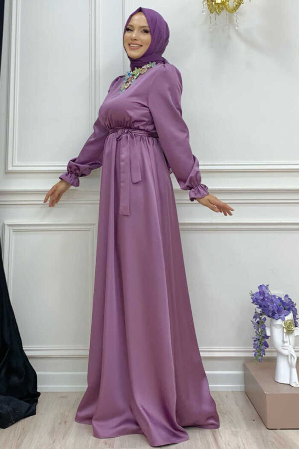 Waist Sash Detail Plain Satin Evening Dress 3791 Purple - 3