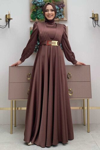 Chest Part Layer Stripe Detail Waist Belt Accessory Evening Dress 3792 Brown 