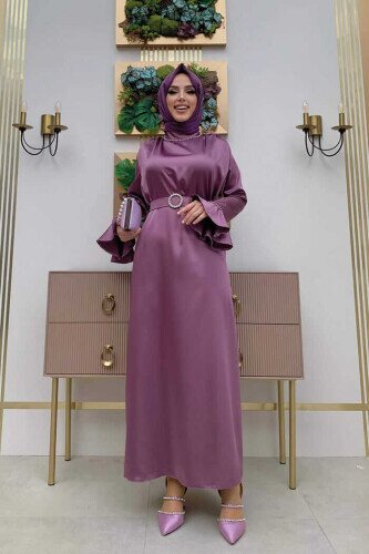 Ärmelbündchen und Kragen, Stickereidetail, Gürtelzubehör, Satin-Abendkleid 3793 Flieder - 1