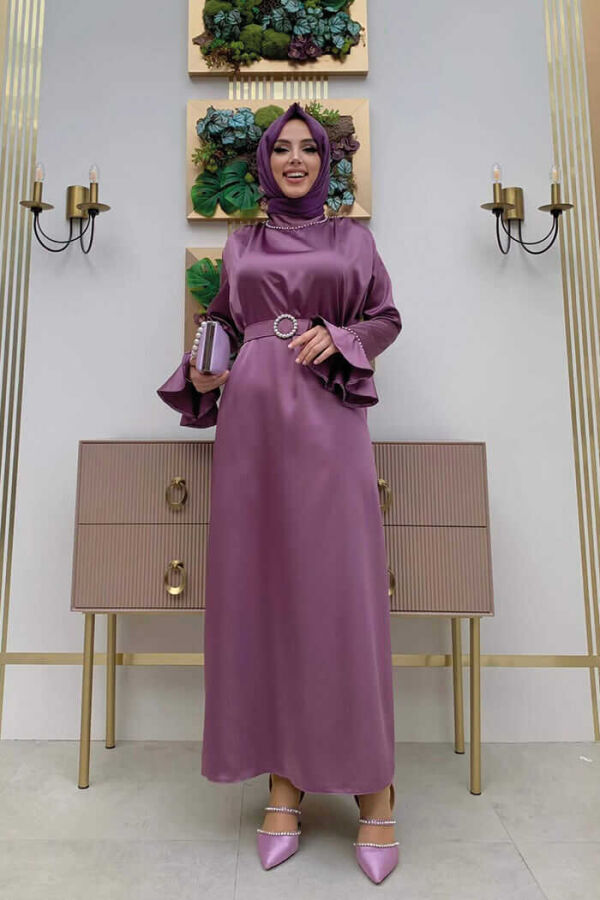 Ärmelbündchen und Kragen, Stickereidetail, Gürtelzubehör, Satin-Abendkleid 3793 Flieder - 1