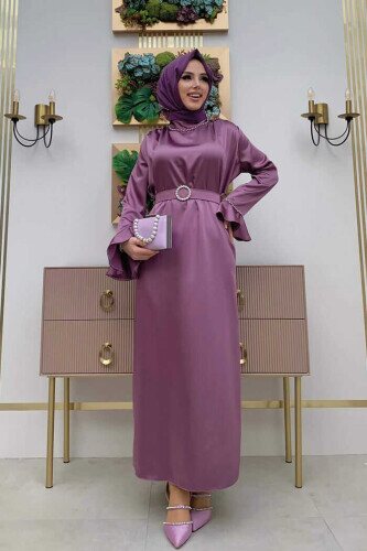 Ärmelbündchen und Kragen, Stickereidetail, Gürtelzubehör, Satin-Abendkleid 3793 Flieder - 3