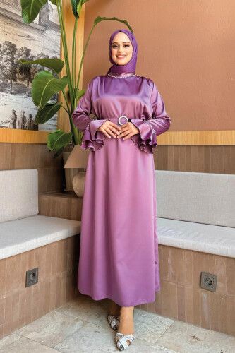 Ärmelbündchen und Kragen, Stickereidetail, Gürtelzubehör, Satin-Abendkleid 3793 Flieder - 2