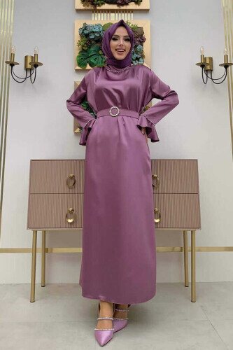 Sleeve Cuffs and Collar Embroidery Detail Belt Accessory Satin Evening Dress 3793 Lilac - 2