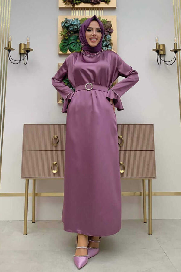 Sleeve Cuffs and Collar Embroidery Detail Belt Accessory Satin Evening Dress 3793 Lilac - 2