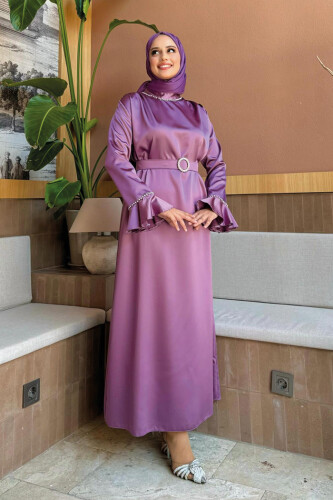 Sleeve Cuffs and Collar Embroidery Detail Belt Accessory Satin Evening Dress 3793 Lilac 