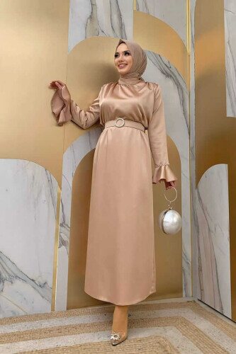 Sleeve Cuffs and Collar Embroidered Detail Belt Accessory Satin Evening Dress 3793 Mink - 1