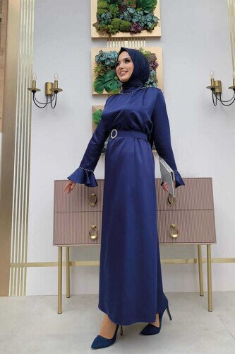 Sleeve Cuffs and Collar Embroidered Detail Belt Accessory Satin Evening Dress 3793 Navy Blue - 2