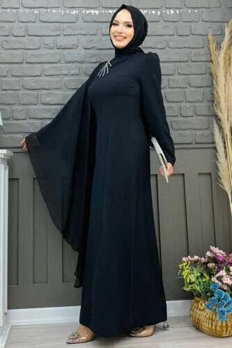 One Sleeve Chiffon Cape Shoulder Embroidery Detail Evening Dress 3796 Black - 3