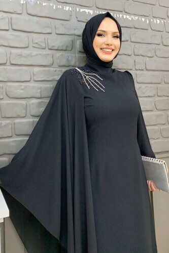 One Sleeve Chiffon Cape Shoulder Embroidery Detail Evening Dress 3796 Black - 4