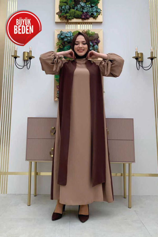 Large Size Two-Color Piece Detail Balloon-Look Dress 3799-1 Brown - 1