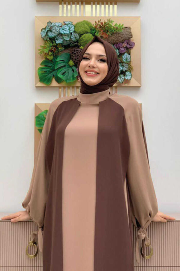 Large Size Two-Color Piece Detail Balloon-Look Dress 3799-1 Brown - 4