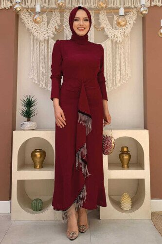 Front Chain Tassel Detail Fish Model Evening Dress 3810 Claret Red - 1