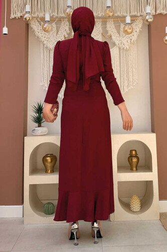 Front Chain Tassel Detail Fish Model Evening Dress 3810 Claret Red - 2