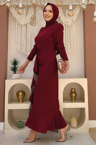 Front Chain Tassel Detail Fish Model Evening Dress 3810 Claret Red - 3