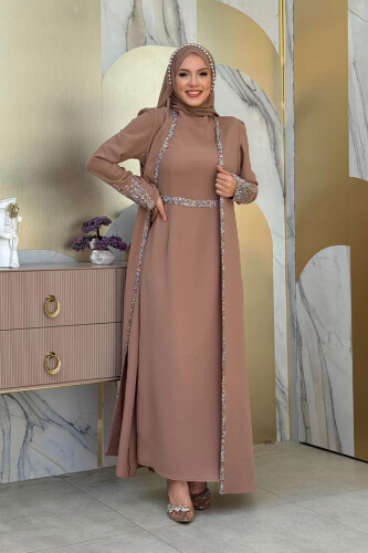 Stone Embroidered Detailed Vest Dress Suit 3838 Mink 