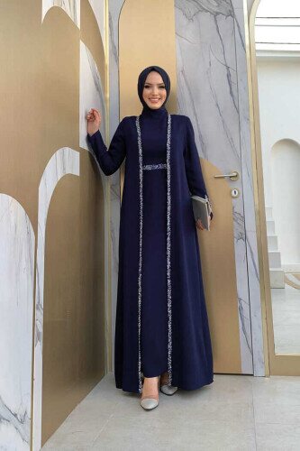 Stone Embroidered Detailed Vest Dress Suit 3838 Navy Blue 