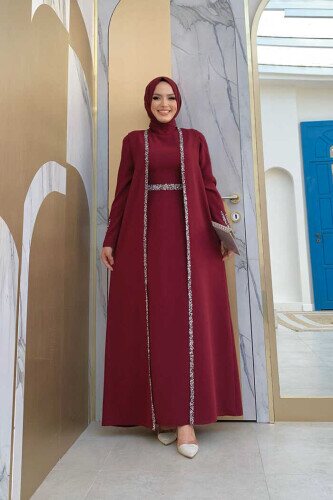 Stone Embroidered Detailed Vest Dress Suit 3838 Claret Red 