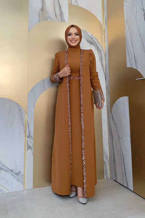 Stone Embroidered Detailed Vest Dress Suit 3838 Tan - 1