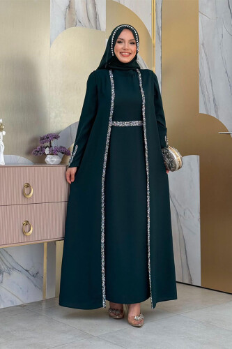 Stone Embroidered Detailed Vest Dress Suit 3838 Emerald 