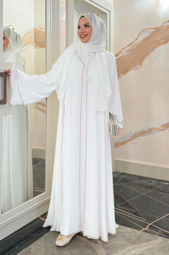 Taş İşleme Detaylı Elbise Abaya Takım 3873 Ekru 