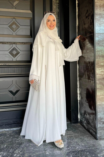 Taş İşleme Detaylı Elbise Abaya Takım 3873 Ekru - 2