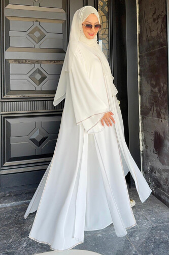 Taş İşleme Detaylı Elbise Abaya Takım 3873 Ekru - 3